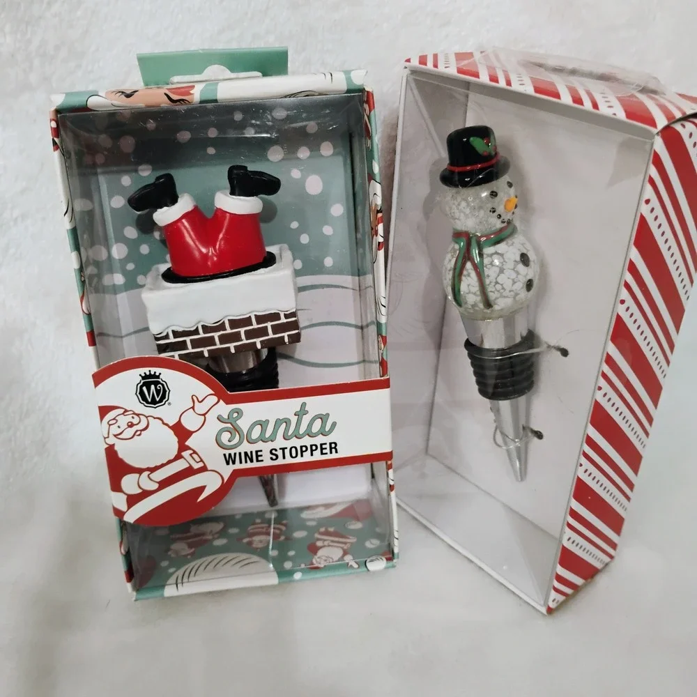 Lot of 2 Holiday Wine Bottle Stopper Santa Chimney and Snowman Christmas Decor K